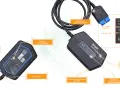 Urządzenie diagnostyczne Delphi Technologies z wtykiem OBD, portem USB-C i wskaźnikami LED.