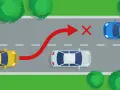 Żółty samochód próbuje niebezpiecznego **wymijania** niebieskiego auta, ignorując białe auto i czerwony znak zakazu.