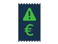 Niebieski paragon z zielonym symbolem ostrzeżenia i symbolem euro. Może to oznaczać problem z płatnością lub nieoczekiwany koszt.