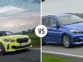 Dwa samochody BMW: żółty hatchback Serii 1 i niebieski Active Tourer, z napisem VS pośrodku.