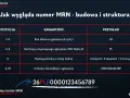 Tabela wyjaśniająca budowę numeru MRN: rok, kod kraju, rodzaj procedury i unikalny identyfikator. Przykład: 26PLE0000123456789.