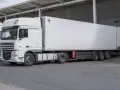 Biała naczepa DAF XF z chłodnią, gotowa do transportu. Obok stoi kolejna ciężarówka, tworząc zgrany zespół pojazdów.