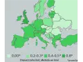 Mapa Europy z zaznaczonymi dopuszczalnymi ilościami alkoholu we krwi. Polska ma kolor zielony, co oznacza 0,2-0,3 promila.