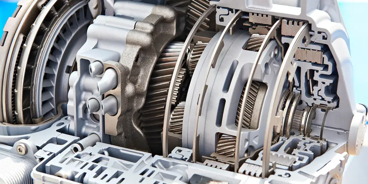 Przekładnia automatyczna w przekroju, ukazująca złożony mechanizm zębatek i elementów hydraulicznych.