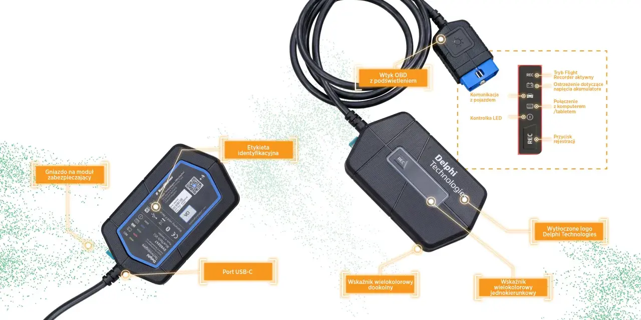 Urządzenie diagnostyczne Delphi Technologies z wtykiem OBD, portem USB-C i wskaźnikami LED.