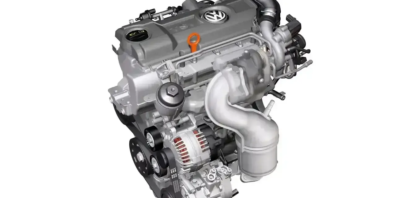 Nowoczesny silnik diesla Volkswagena z turbosprężarką i paskiem napędowym.
