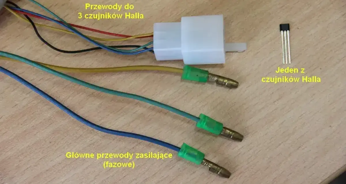 Przewody do 3 czujników Halla i jeden z nich. Główne przewody zasilające (fazowe) mogą być powiązane z kodami błędów.