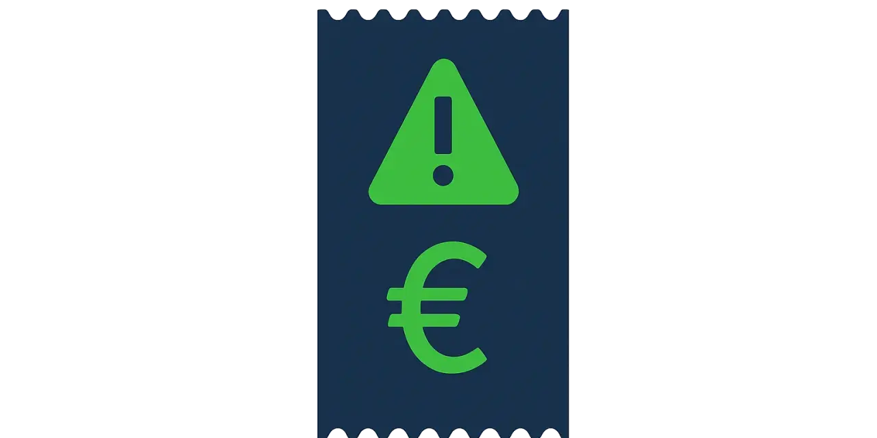Niebieski paragon z zielonym symbolem ostrzeżenia i symbolem euro. Może to oznaczać problem z płatnością lub nieoczekiwany koszt.