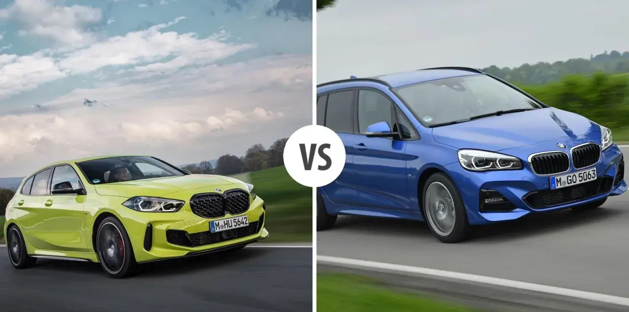 Dwa samochody BMW: żółty hatchback Serii 1 i niebieski Active Tourer, z napisem VS pośrodku.