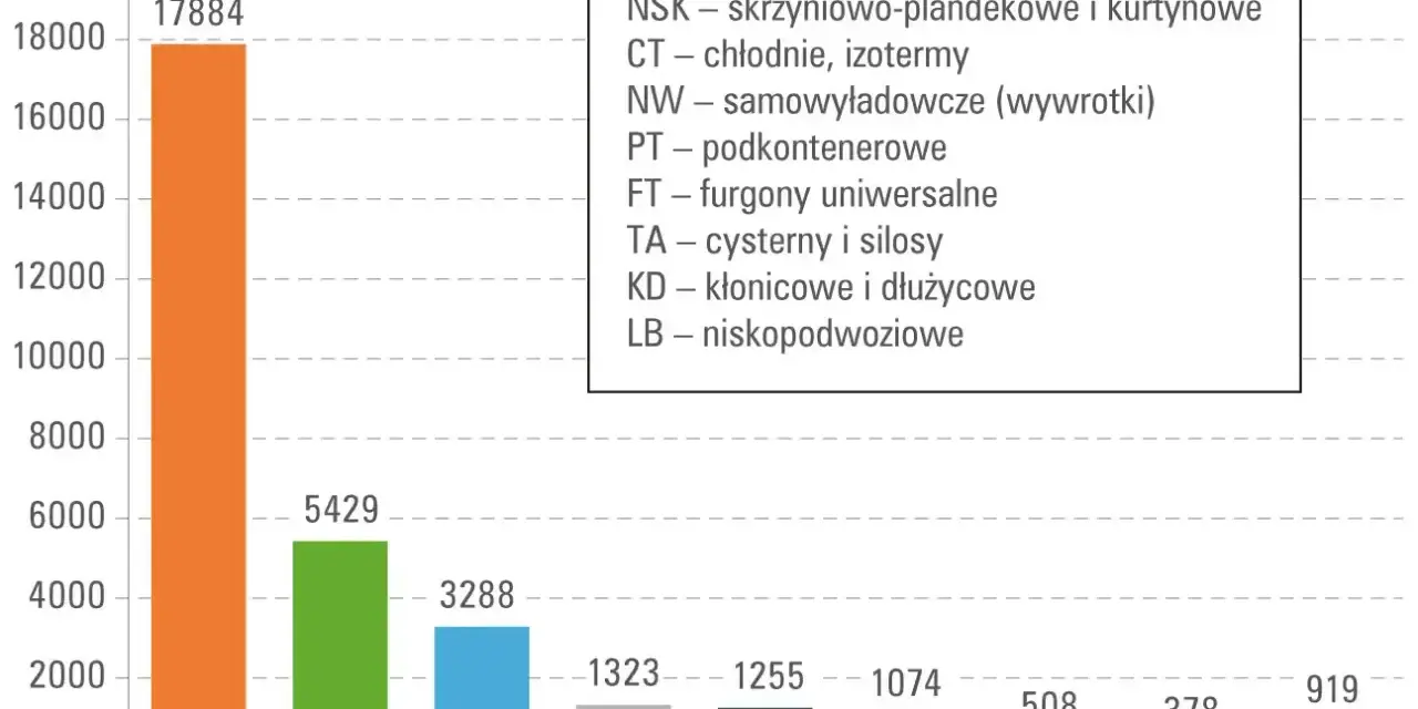 Wykres słupkowy pokazuje liczbę pojazdów według typu: NSK (17884), CT (5429), NW (3288) i inne. Kod CN dla tych pojazdów jest kluczowy.