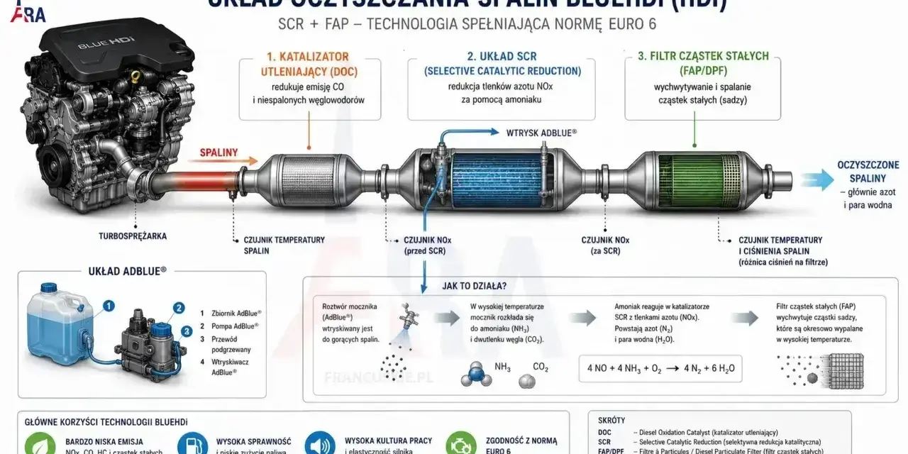 Schemat układu oczyszczania spalin BlueHDi dla silnika 1.9 tdi. Pokazuje turbosprężarkę, katalizator DOC, układ SCR z wtryskiem AdBlue i filtr FAP/DPF.