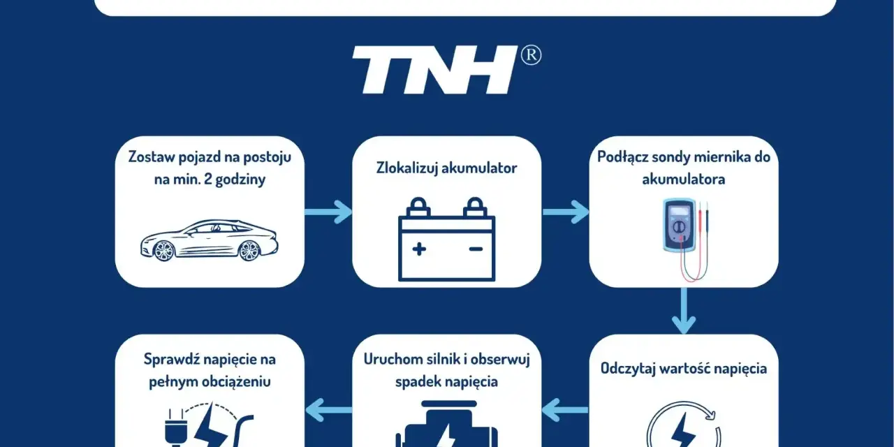 Schemat pokazuje, jak sprawdzić akumulator miernikiem: odstawić auto, zlokalizować akumulator, podłączyć miernik, uruchomić silnik, sprawdzić napięcie pod obciążeniem i odczytać wynik.