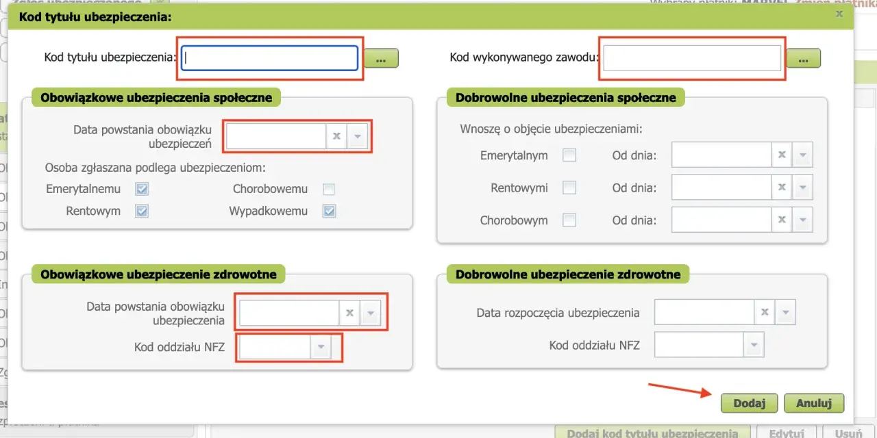 Formularz ubezpieczeniowy, pole "Kod tytułu ubezpieczenia" puste, sugeruje błąd DTC U0140 Opel.