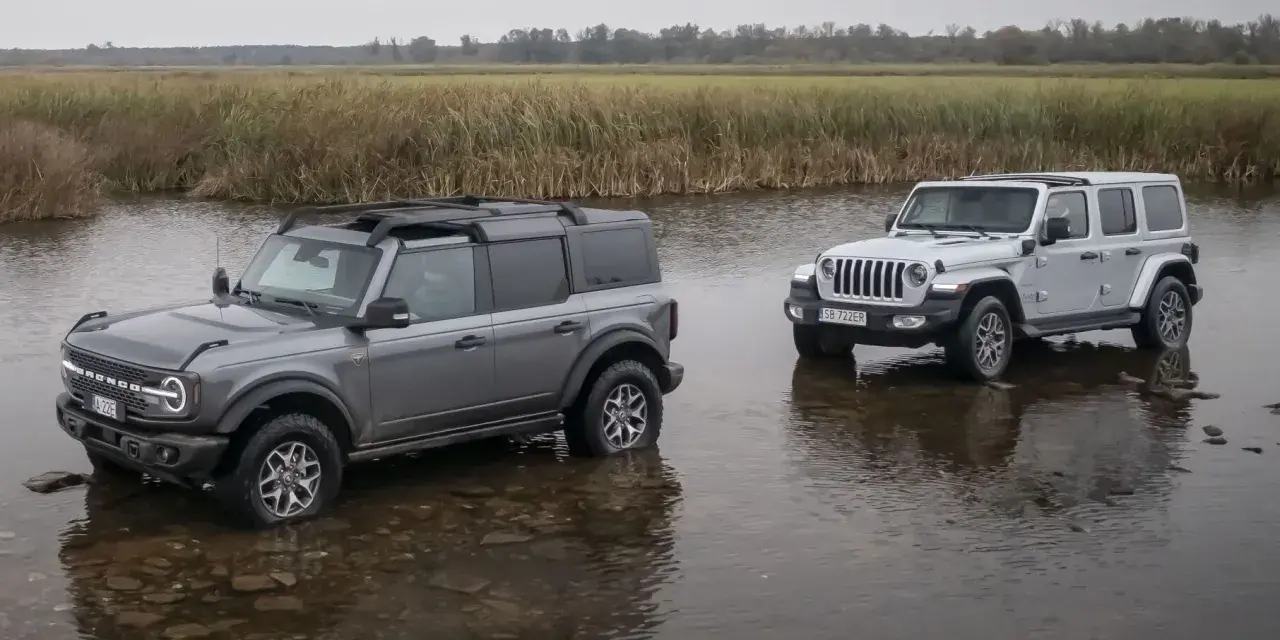 Szary Ford Bronco i biały Jeep SUV stoją w płytkiej wodzie, gotowe na przygodę.