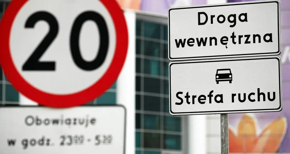 Znak ograniczenia prędkości do 20 km/h i tablica informująca o wjeździe do strefy ruchu.