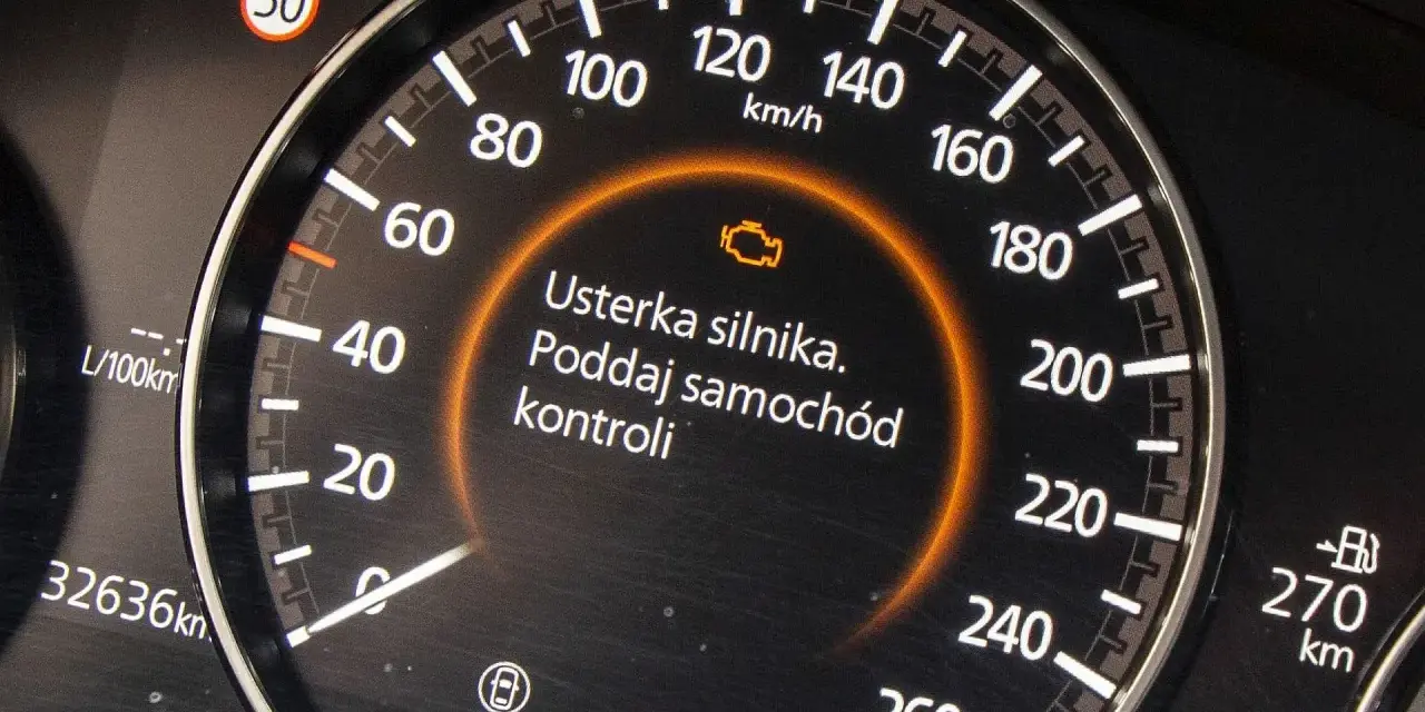 Na desce rozdzielczej świeci się kontrolka "usterka silnika", informując o konieczności wizyty w serwisie. To sygnał, że auto jest w trybie awaryjnym.