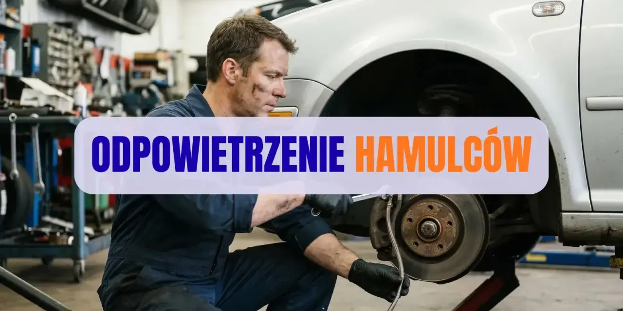 Mechanik w warsztacie wykonuje odpowietrzanie hamulców w samochodzie, dbając o bezpieczeństwo jazdy.