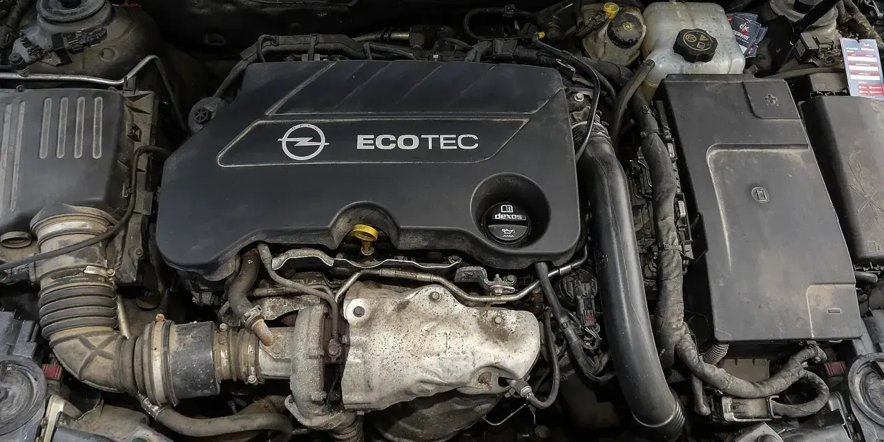 Silnik Opel Ecotec. Widoczne elementy układu dolotowego i turbosprężarki. Objawy uszkodzenia poduszki silnika mogą być różne, np. wibracje.