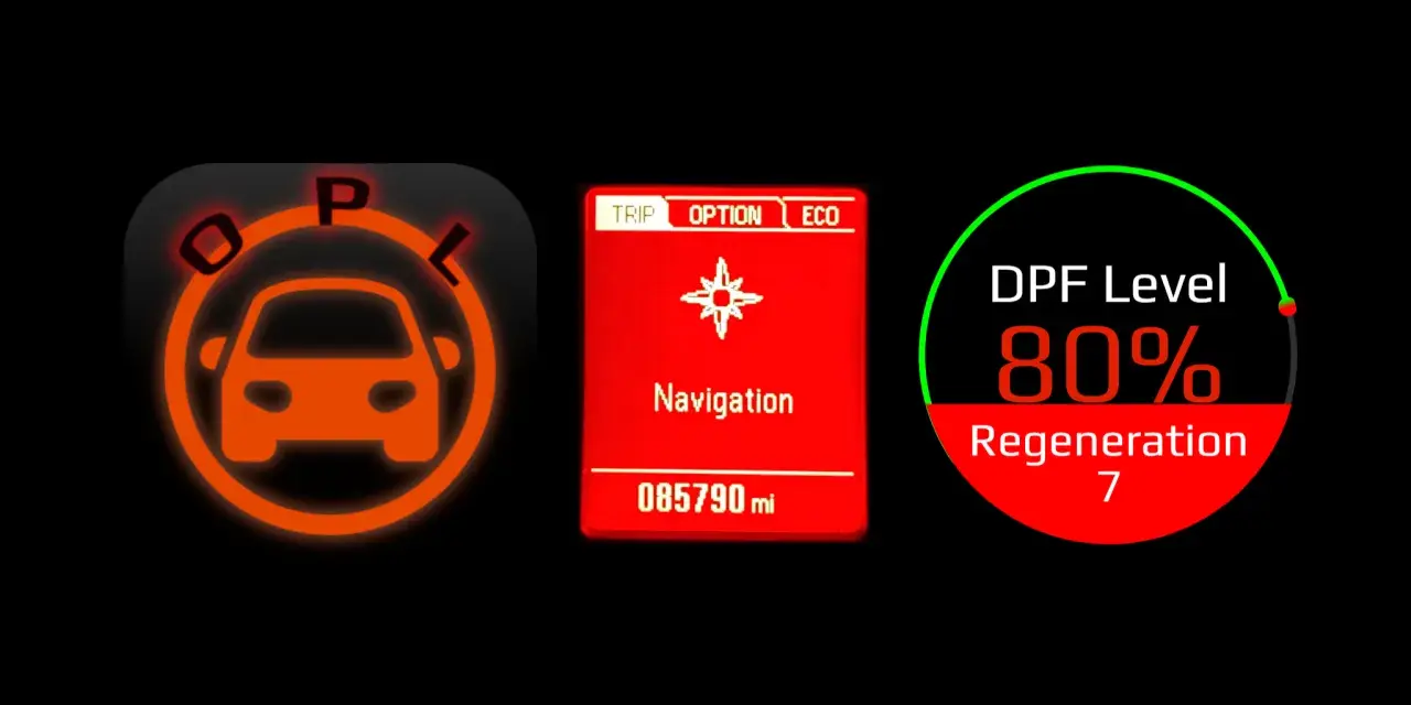 Kontrolki Opla: kontrolka silnika, nawigacja, przebieg 85790 mil, DPF Level 80%, Regeneration 7. Pomoc z op-com opel po polsku.