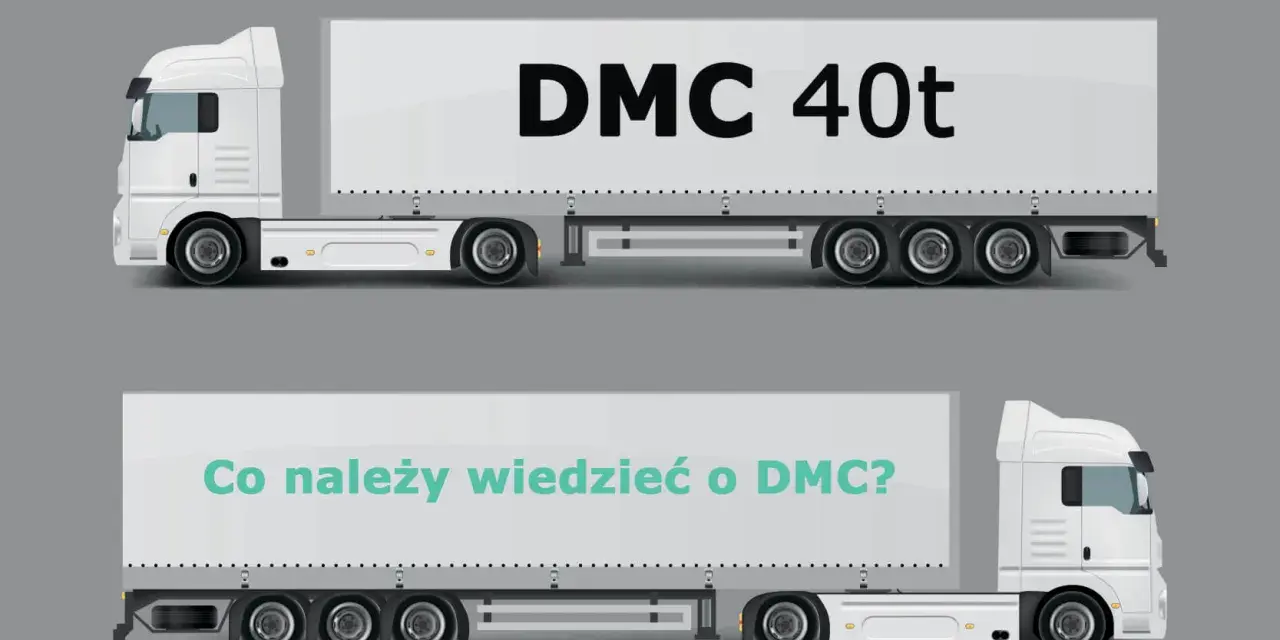 Dwa białe samochody ciężarowe. Górny ma napis "DMC 40t", dolny "Co należy wiedzieć o DMC?".