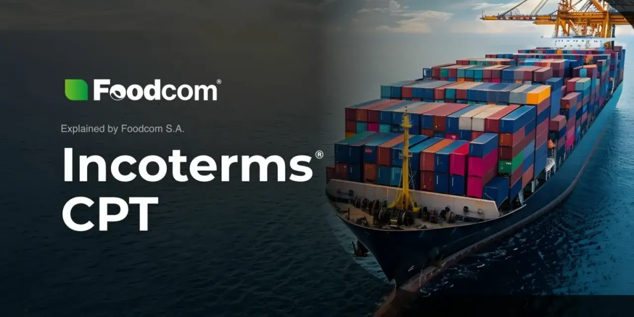 Kontenerowiec z kolorowymi kontenerami, logo Foodcom i tekst "Incoterms CPT".