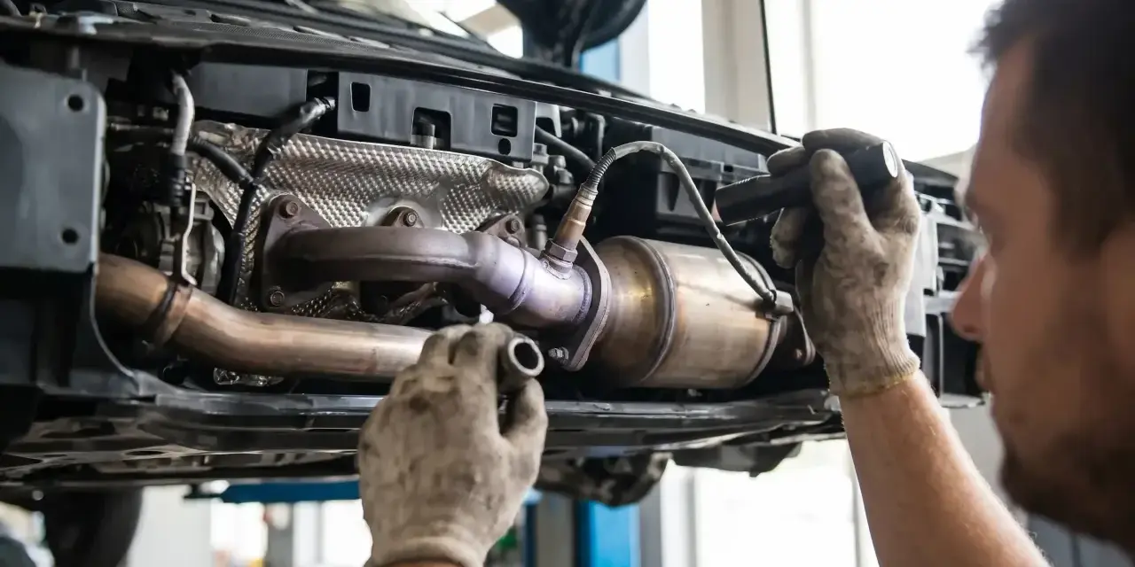 Mechanik sprawdza katalizator Nissana, podejrzewając błąd DTC P0420.