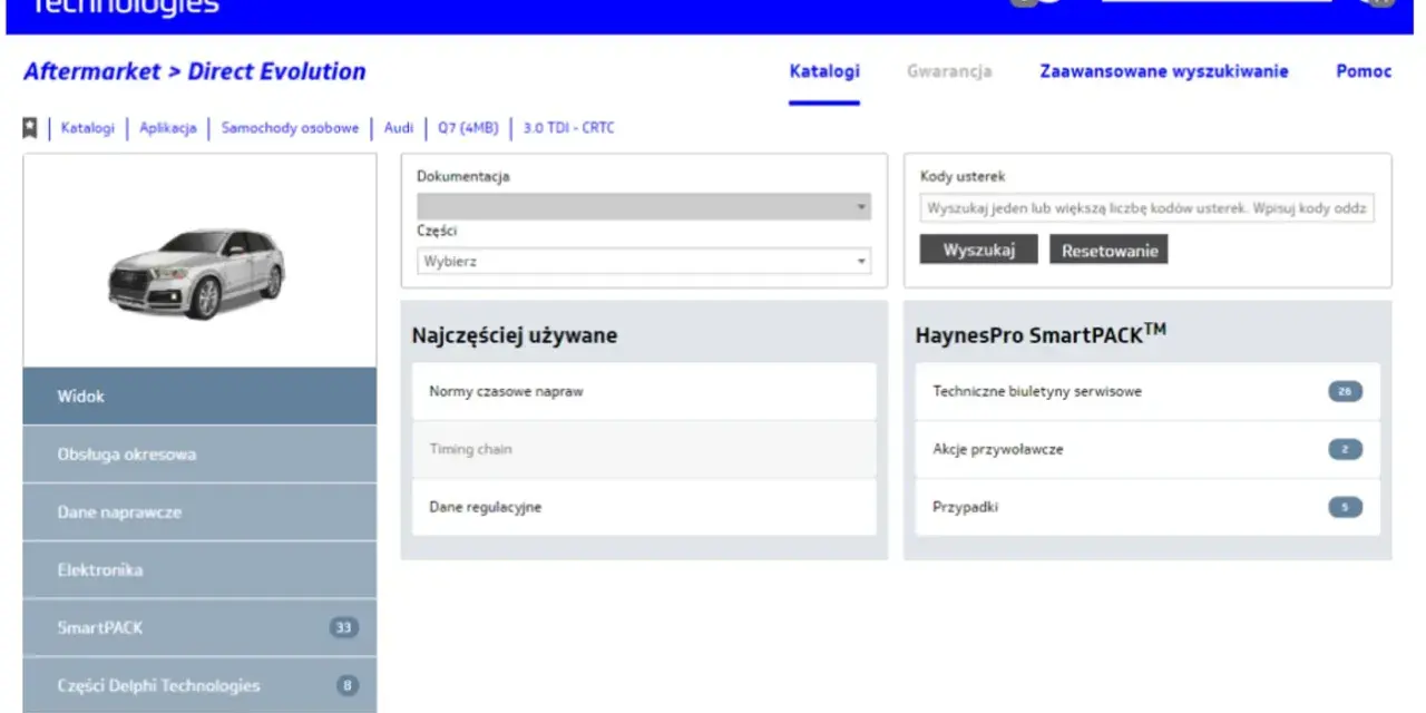 Interfejs oprogramowania Delphi DS150E, z widokiem Audi Q7, opcjami katalogów, dokumentacji i kodów usterek.