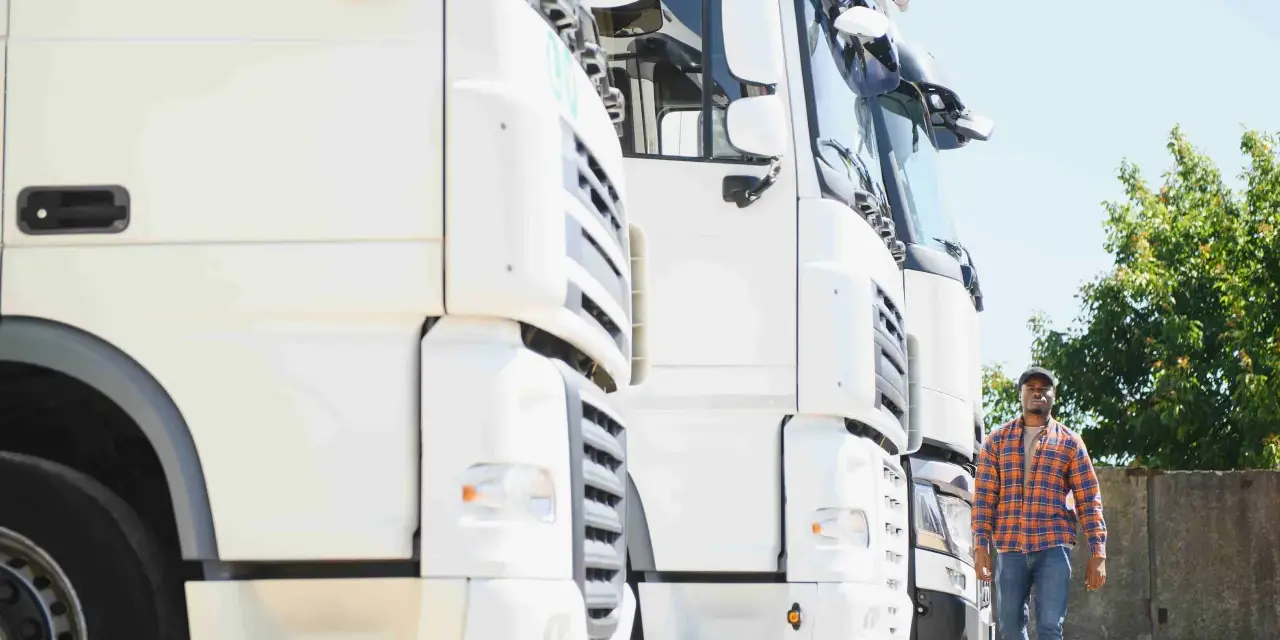 Kierowca idzie obok rzędu białych ciężarówek. To właśnie spedycja co to – transport towarów na dużą skalę.