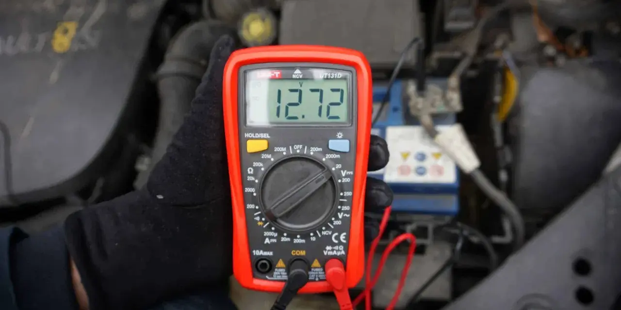 Ręka w czarnej rękawiczce trzyma multimetr pokazujący 12.72V. To idealne minimalne napięcie akumulatora do uruchomienia.