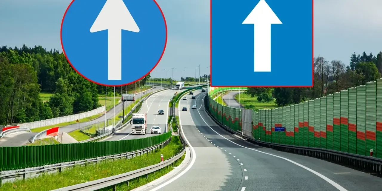 Dwa znaki drogowe: okrągły z białym strzałką w górę i kwadratowy z białą strzałką w górę. Oba wskazują kierunek jazdy na drodze jednokierunkowej.