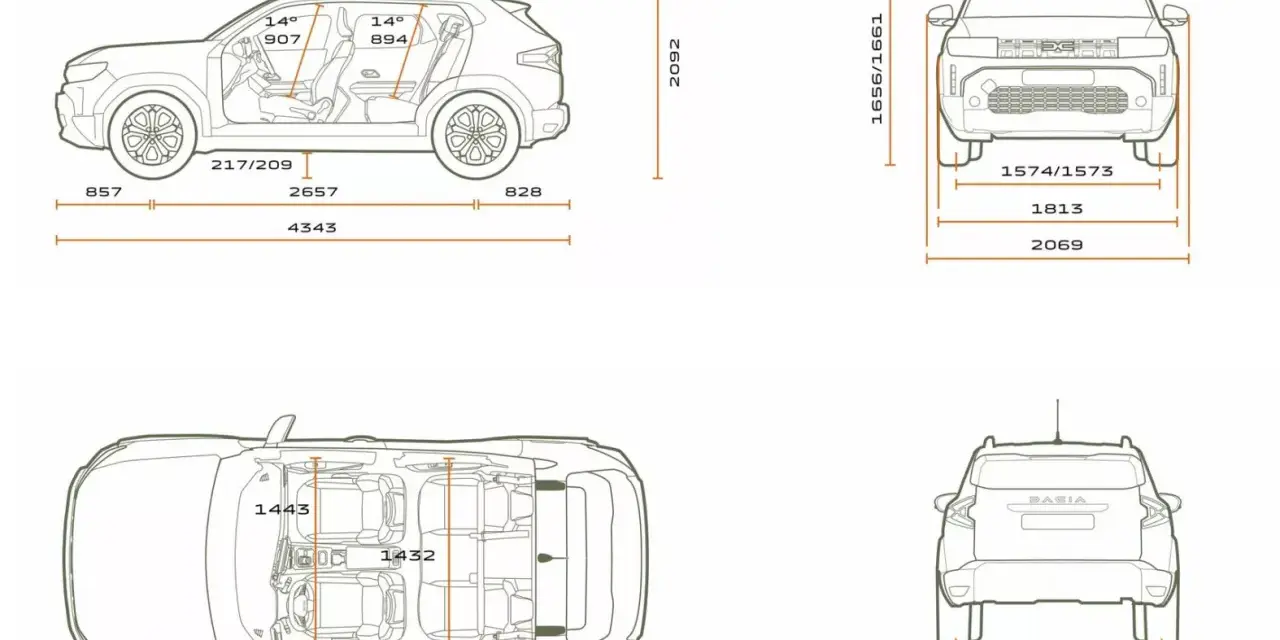 Schemat Dacia Duster z wymiarami: widok z boku, z góry i z tyłu. Pokazuje długość, szerokość i wysokość pojazdu.