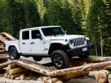 Biały jeep pickup Rubicon pokonuje przeszkodę z bali drewna w lesie.