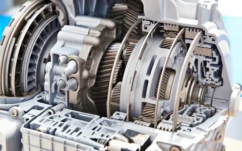 Przekładnia automatyczna w przekroju, ukazująca złożony mechanizm zębatek i elementów hydraulicznych.