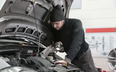 Mechanik bada silnik, szukając objawów uszkodzenia przegubu zewnętrznego.