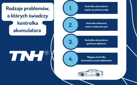 Rodzaje problemów, o których świadczy kontrolka akumulatora: zapala się podczas jazdy, gaśnie po odpaleniu, migająca przed odpaleniem.