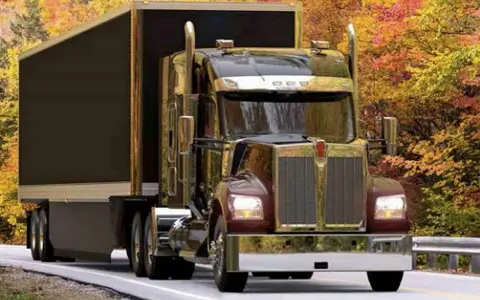 Błyszczący Kenworth W900 z przyczepą jedzie drogą wśród jesiennych drzew.