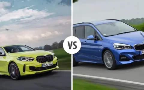 Dwa samochody BMW: żółty hatchback Serii 1 i niebieski Active Tourer, z napisem VS pośrodku.