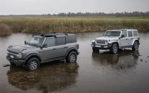 Szary Ford Bronco i biały Jeep SUV stoją w płytkiej wodzie, gotowe na przygodę.