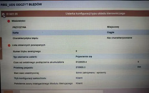 Błąd DTC B1401 w Renault: Usterka konfiguracji układu kierowniczego, ciągła, silnik zatrzymany.