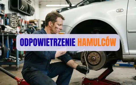 Mechanik w warsztacie wykonuje odpowietrzanie hamulców w samochodzie, dbając o bezpieczeństwo jazdy.