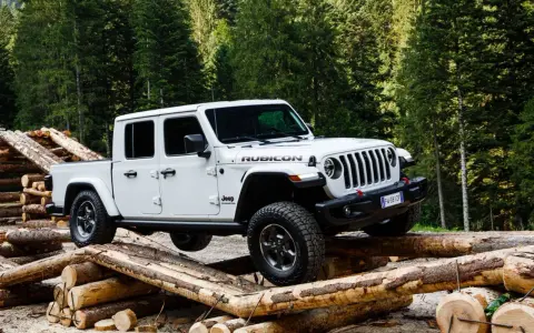 Biały jeep pickup Rubicon pokonuje przeszkodę z bali drewna w lesie.