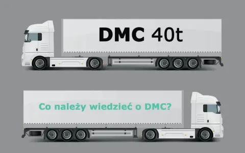 Dwa białe samochody ciężarowe. Górny ma napis "DMC 40t", dolny "Co należy wiedzieć o DMC?".