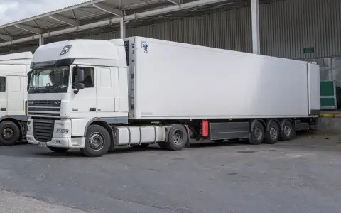 Biała naczepa DAF XF z chłodnią, gotowa do transportu. Obok stoi kolejna ciężarówka, tworząc zgrany zespół pojazdów.