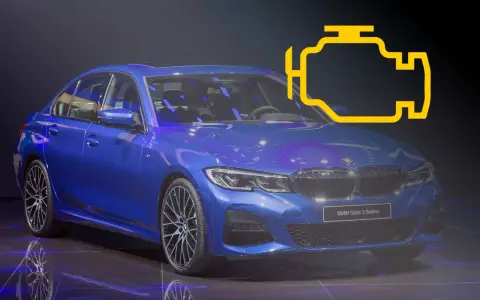 Niebieskie BMW Serii 3 z żółtym symbolem silnika, wskazującym na błąd DTC 4212.