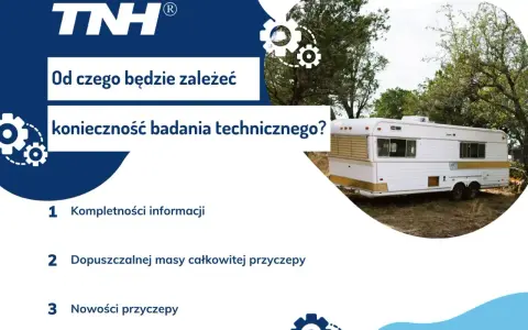 Biała przyczepa kempingowa na tle drzew, z elementami graficznymi i tekstem.
