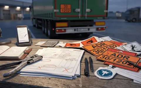 Znaki ADR, dokumenty i kalkulator na stole przed ciężarówką. Transport ADR wymaga precyzji i odpowiednich oznaczeń.
