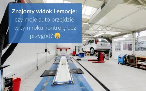 Warsztat samochodowy z podnośnikiem, na którym stoi auto. Czy przegląd techniczny samochodu co sprawdzają, zakończy się sukcesem?