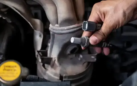 Dłoń trzyma czujnik tlenu, potencjalna przyczyna błędu DTC P0420 w Volkswagenie.