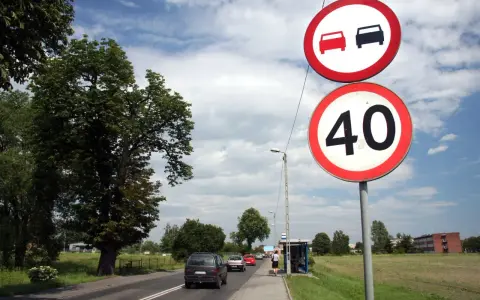 Znaki drogowe: zakaz wyprzedzania i ograniczenie prędkości do 40 km/h. Droga z samochodami i drzewami.