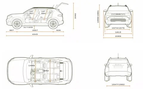 Schemat Dacia Duster z wymiarami: widok z boku, z góry i z tyłu. Pokazuje długość, szerokość i wysokość pojazdu.